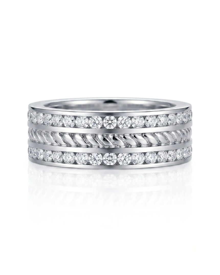 Rope design diamond ring with dual round diamond rows in 18K white gold | SARATTI