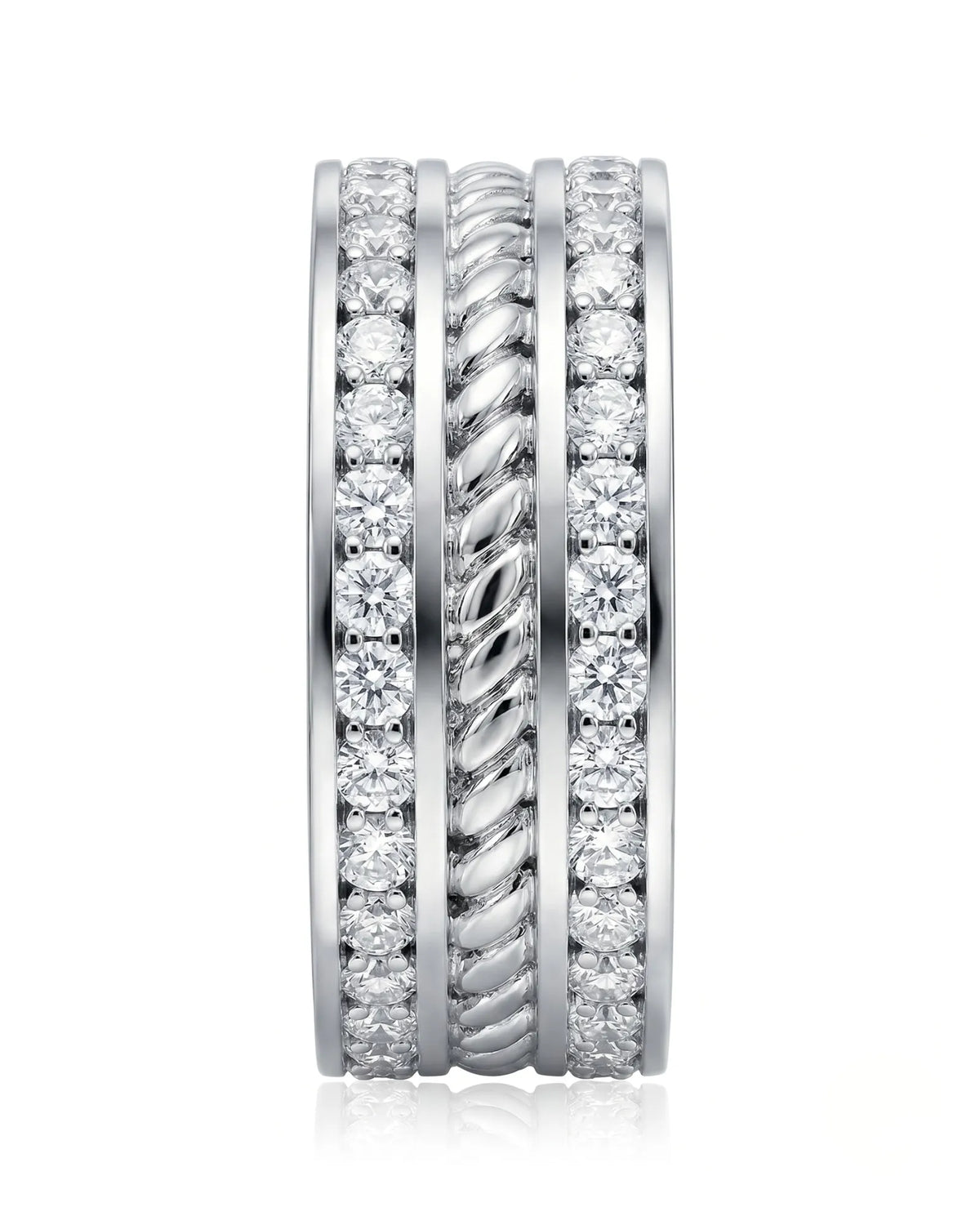 Rope design diamond ring with dual round diamond rows in 925 Sterling Silver - SARATTI