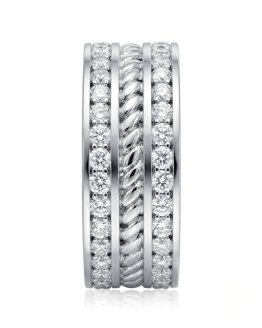 Rope design diamond ring with dual round diamond rows in 925 Sterling Silver - SARATTI