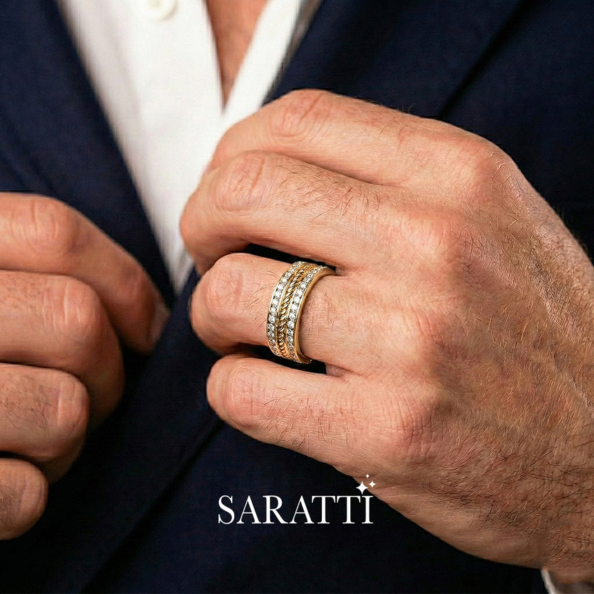 Rope diamond men’s wedding band 18k yellow gold dual pavé band | SARATTI