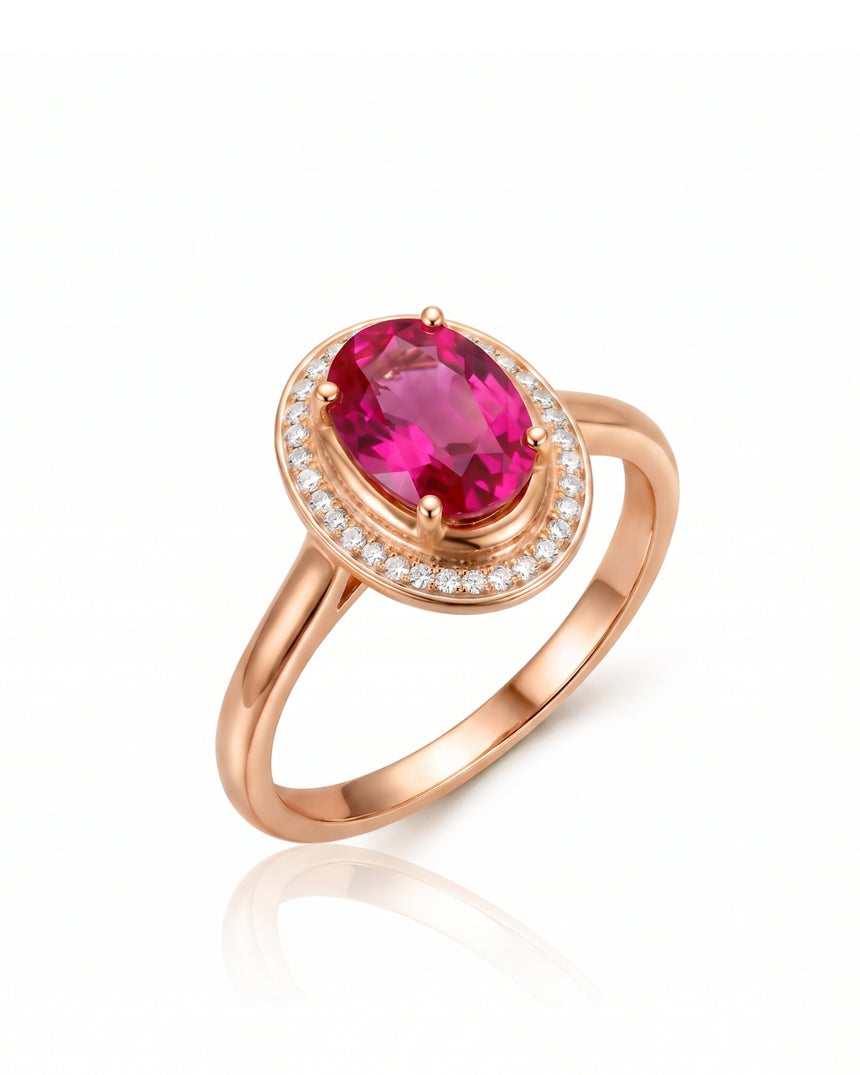 Rosalia oval pink tourmaline ring with diamond halo in 18K Rose Gold | SARATTI
