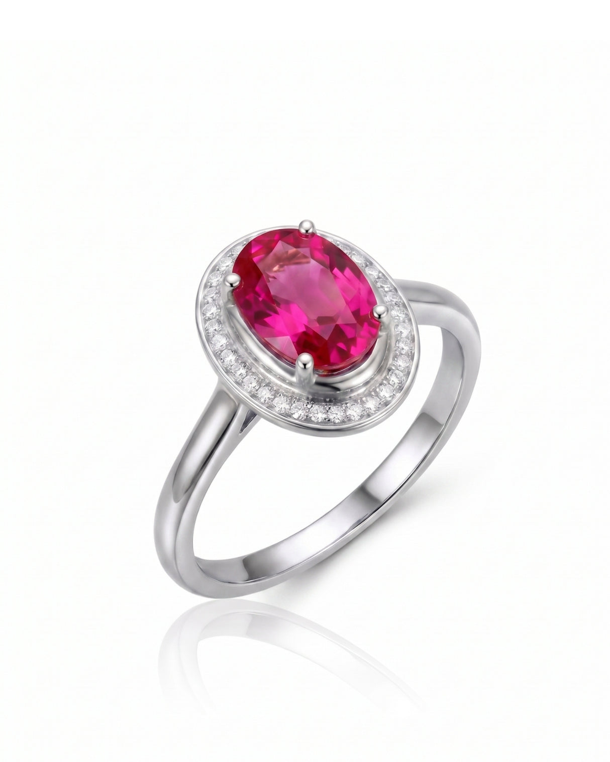 Rosalia oval pink tourmaline ring with diamond halo in 18K White Gold | SARATTI