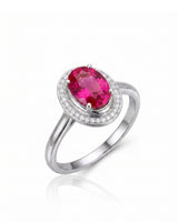 Rosalia oval pink tourmaline ring with diamond halo in timeless Platinum | SARATTI