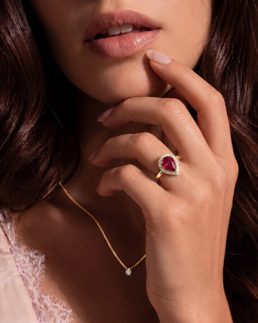Rosaria pear halo tourmaline ring with natural diamonds in 18K yellow gold | SARATTI