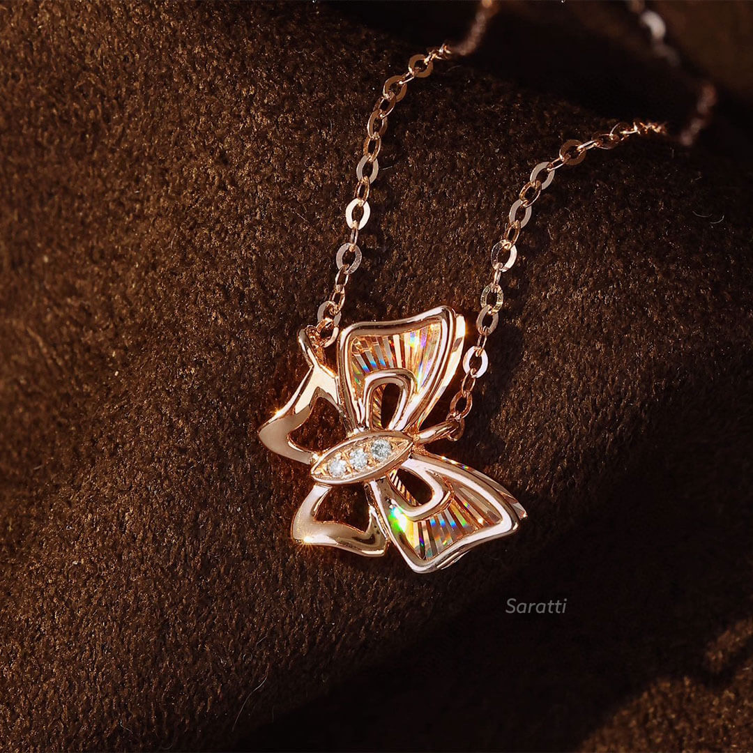 Two Tone Rose Gold 18K Gold Natural Diamond Butterfly Necklace | Saratti