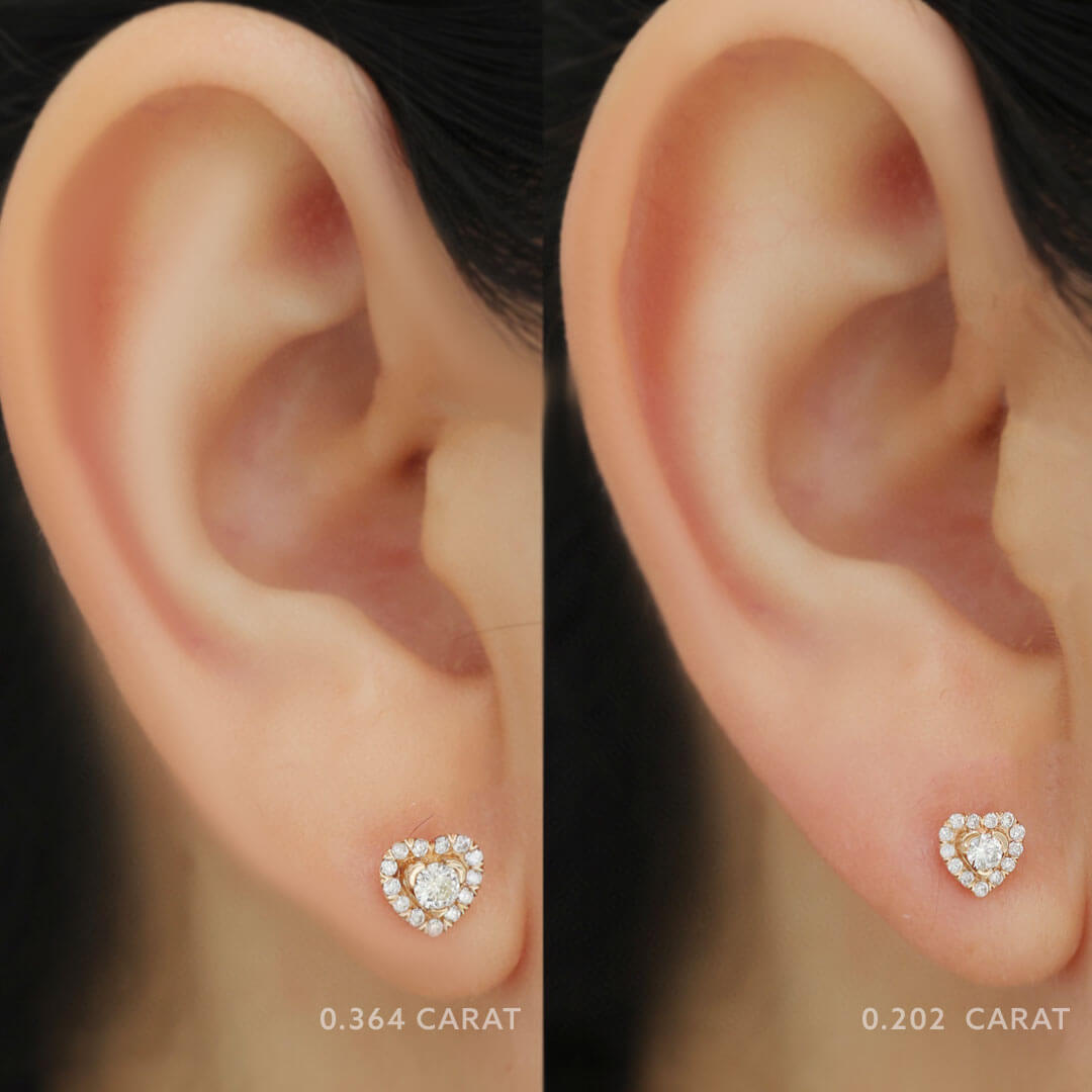 Model Wearing a pair of tiny rose gold diamond halo stud earrings  | Saratti | Custom High and Fine Jewelry