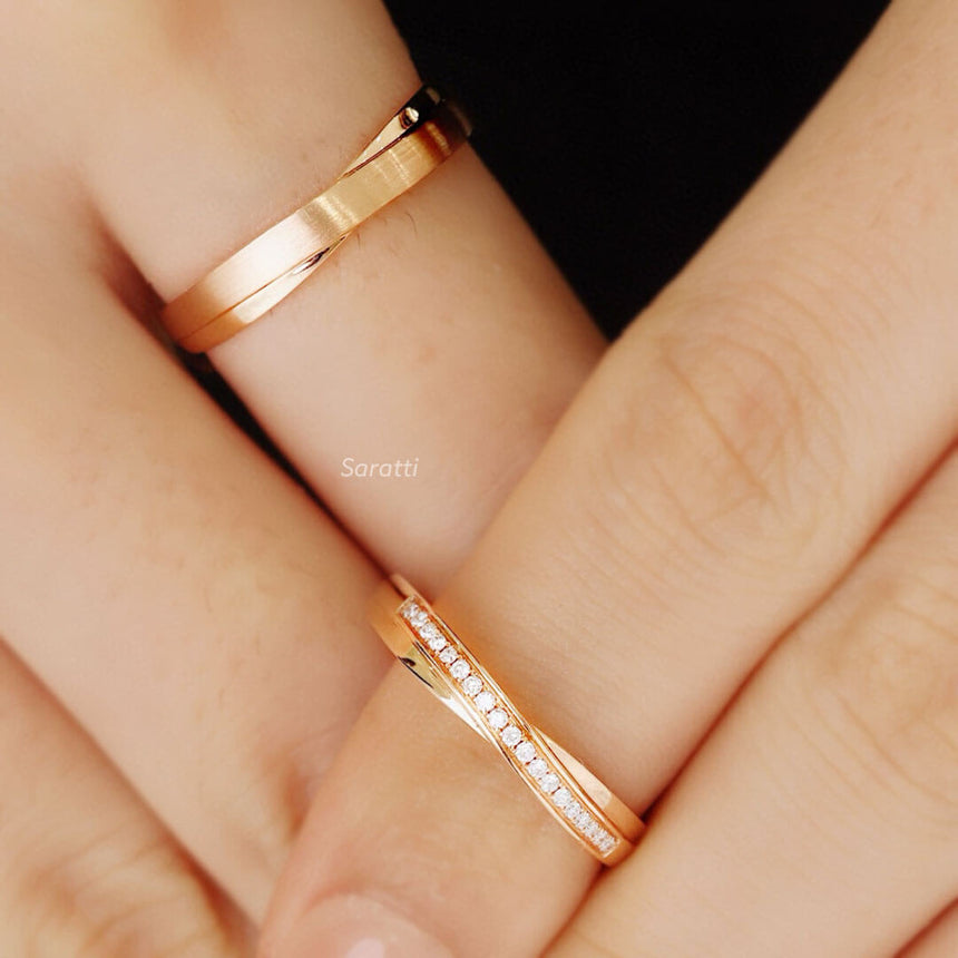 Model wearing 18 K Rose Gold Classic Criscross Diamond Half Eternity Band Pair | Saratti