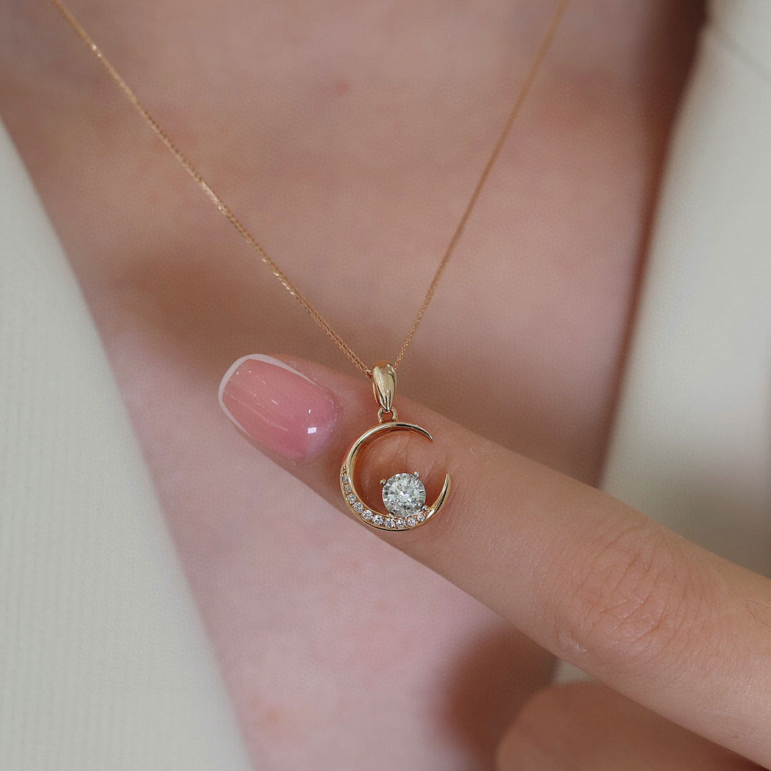 Moonbeam Crescent Round Diamond Necklace - Christmas Jewelry - Ready to Ship Rose Gold Christmas Pendant Selection | Saratti