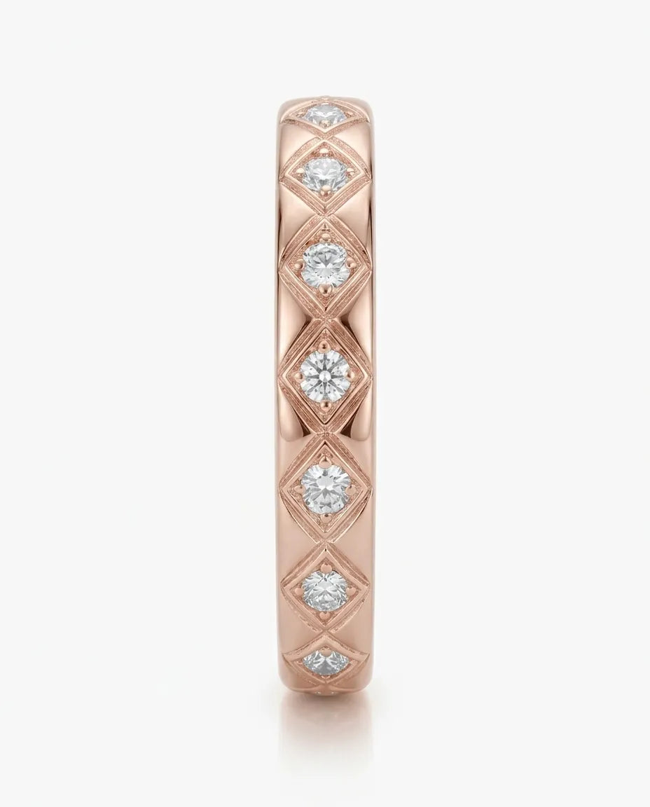Hot Cross diamond-encrusted wedding band in rose gold, side view | SARATTI