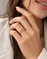 Art Nouveau diamond wedding band in rose gold shown in a beauty portrait | SARATTI