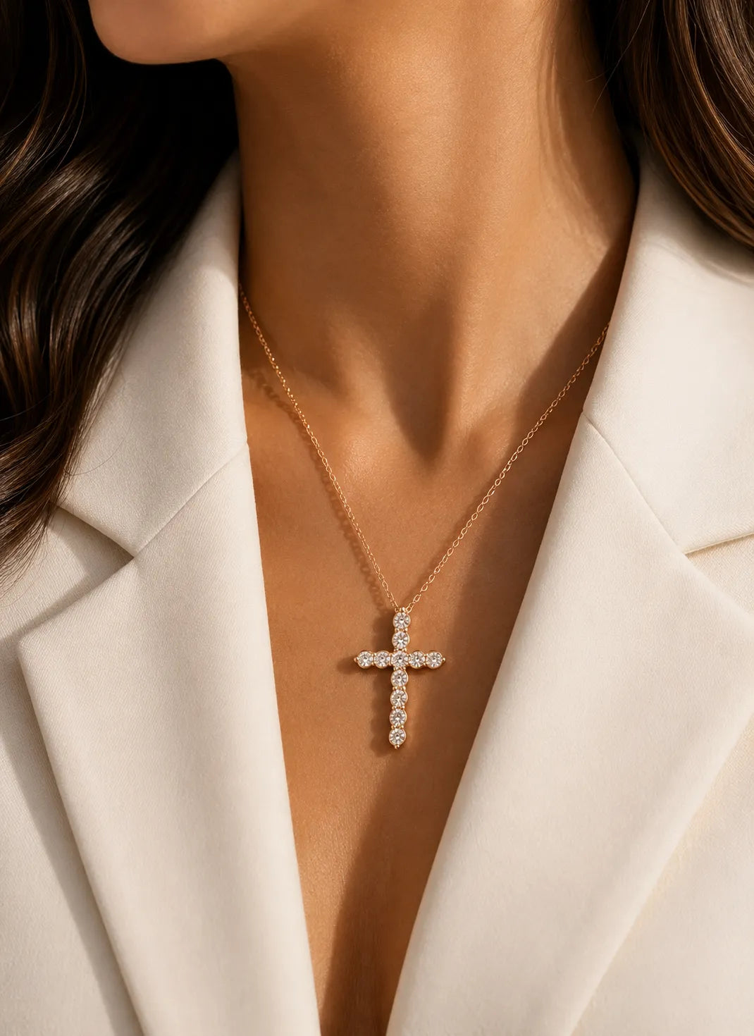 Model wearing the Grande Lueur Croix diamond cross necklace in 18K rose gold | SARATTI