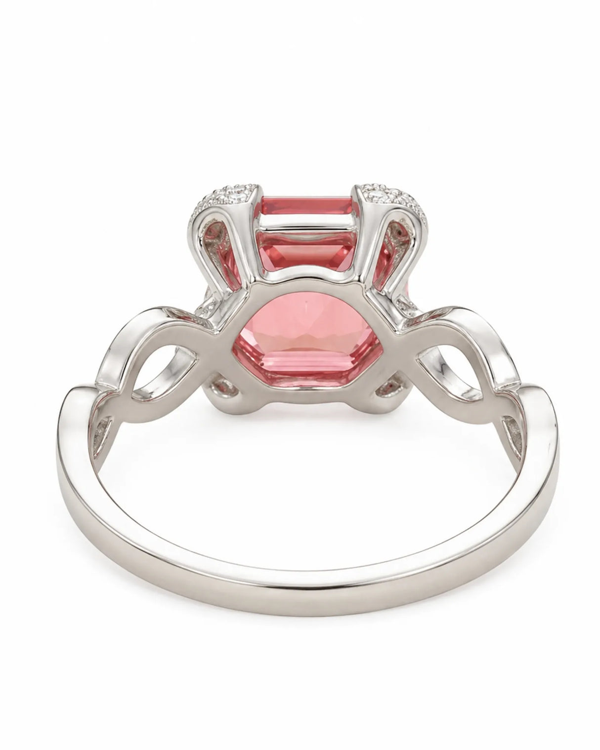 Rose Régale rubellite tourmaline ring with twisting diamond pavé design in platinum | SARATTI
