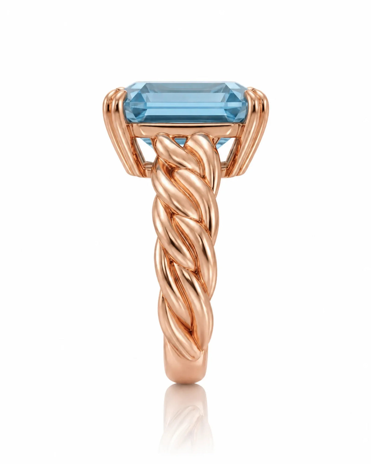 Cordelle Asscher-cut Aquamarine rope-band solitaire ring setting in rose gold, front view | SARATTI
