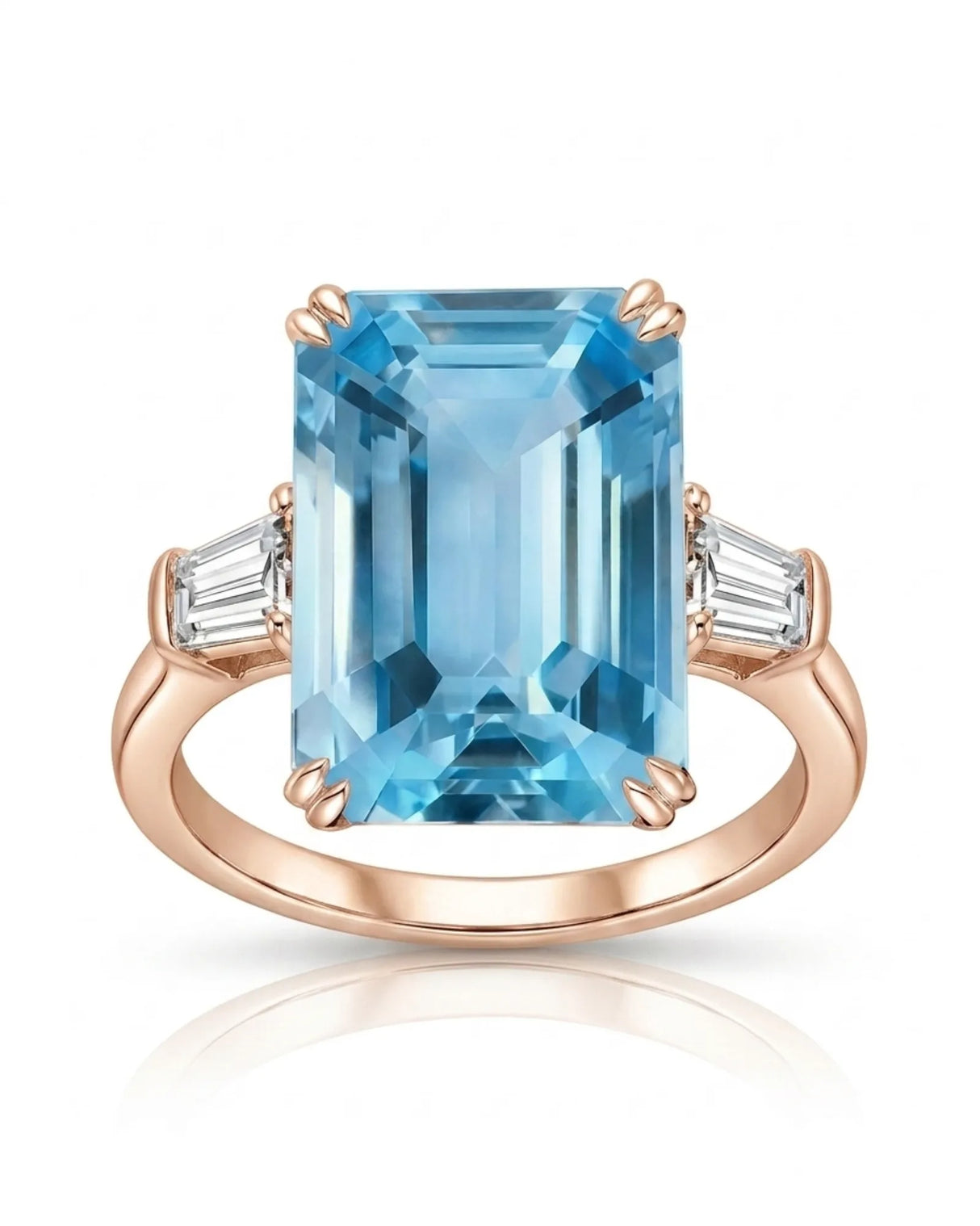 Équilibre emerald-cut Aquamarine baguette three-stone ring setting in rose gold, front view | SARATTI