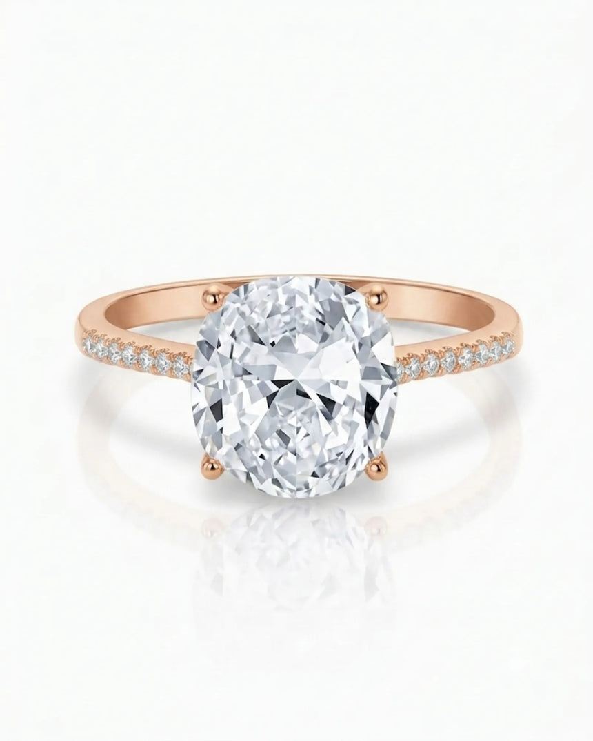 Rose gold cushion moissanite engagement ring for romantic proposal moments | SARATTI