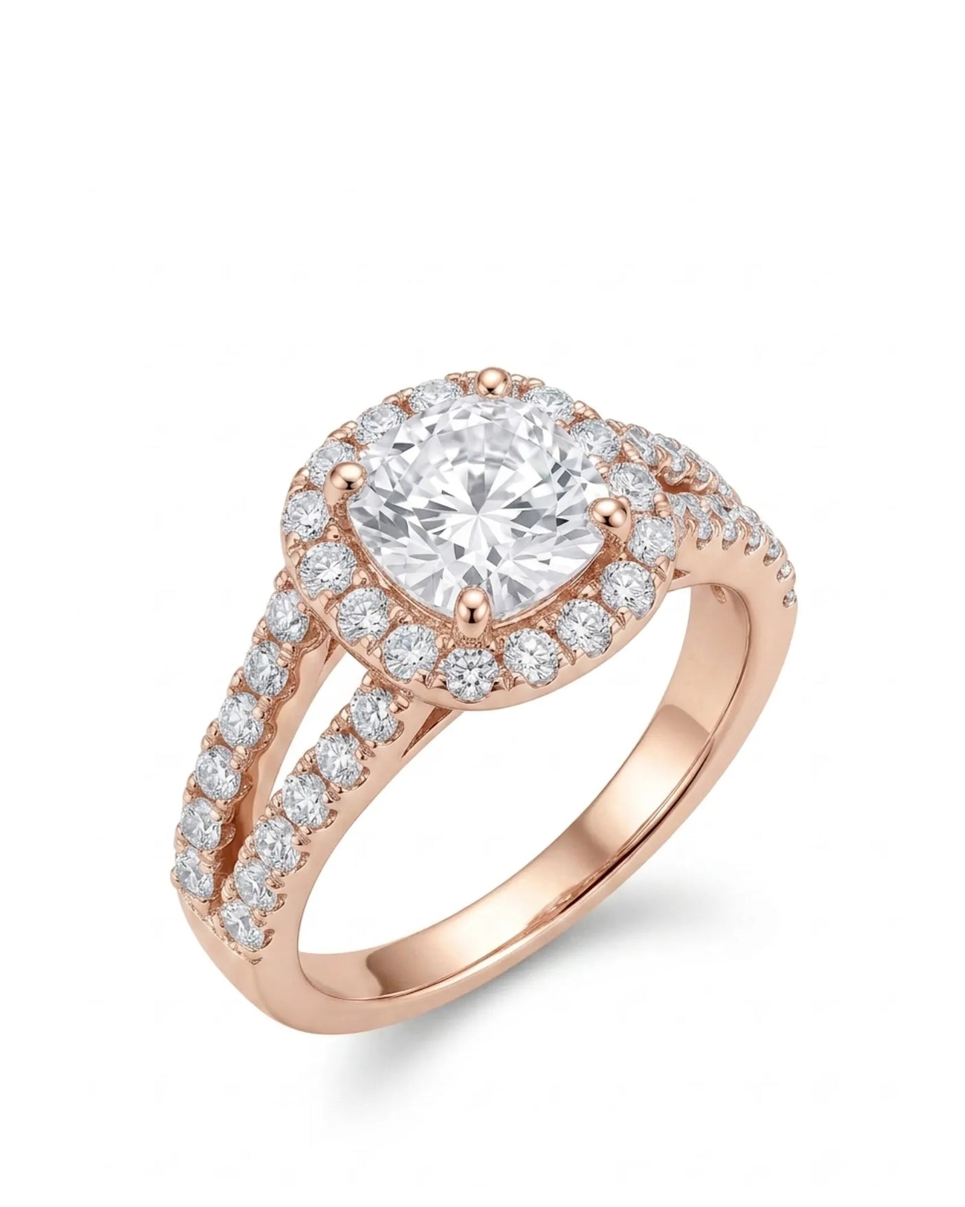 Rose gold cushion moissanite engagement ring with halo, split shank, and matching wedding band | SARATTI