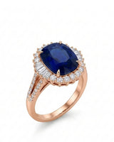 Rose gold five carat cushion sapphire ring with natural diamond halo and split shank | SARATTI