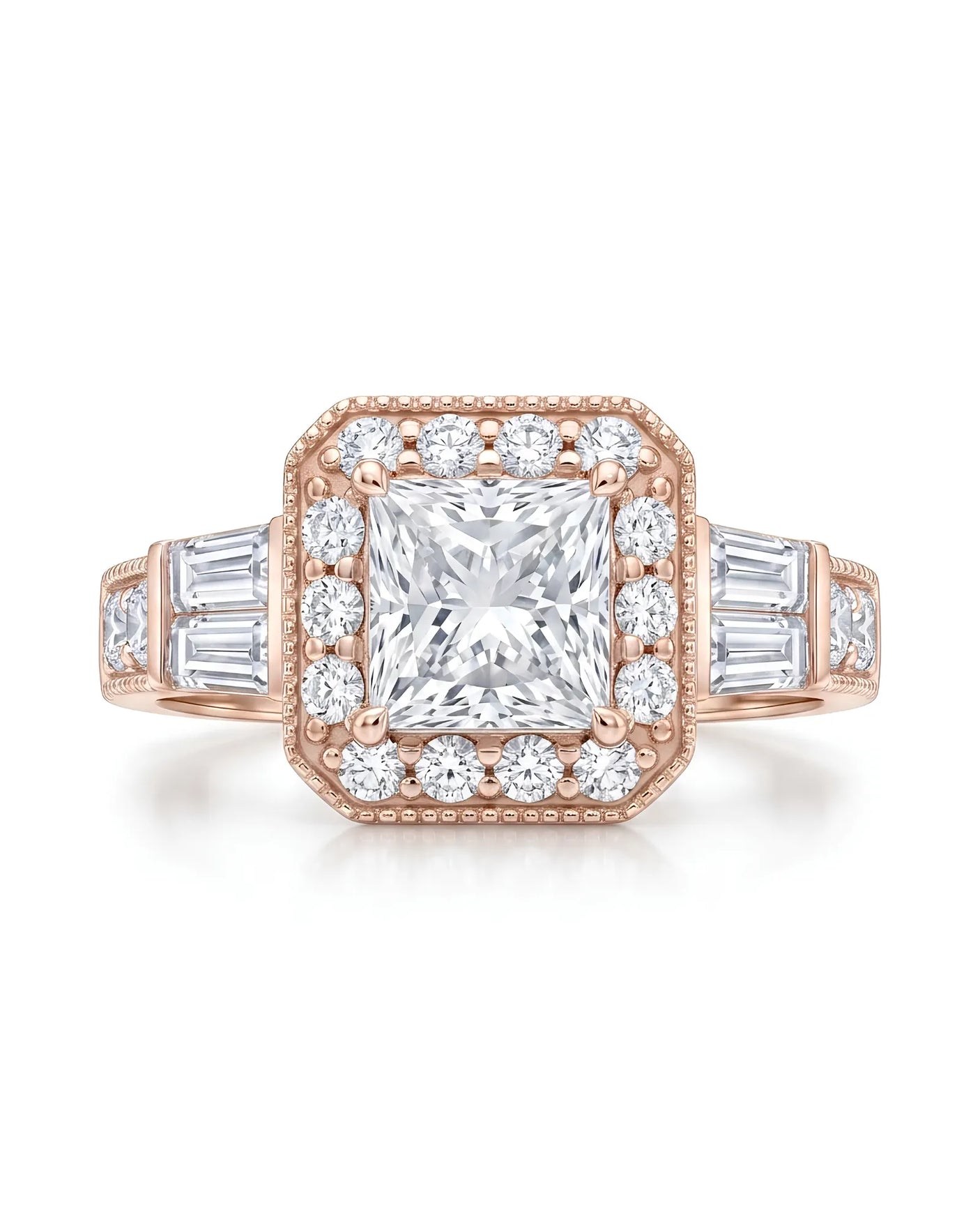 Rose gold halo moissanite engagement ring designed for a distinctive romantic proposal | SARATTI