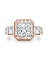 Rose gold halo moissanite engagement ring designed for a distinctive romantic proposal | SARATTI