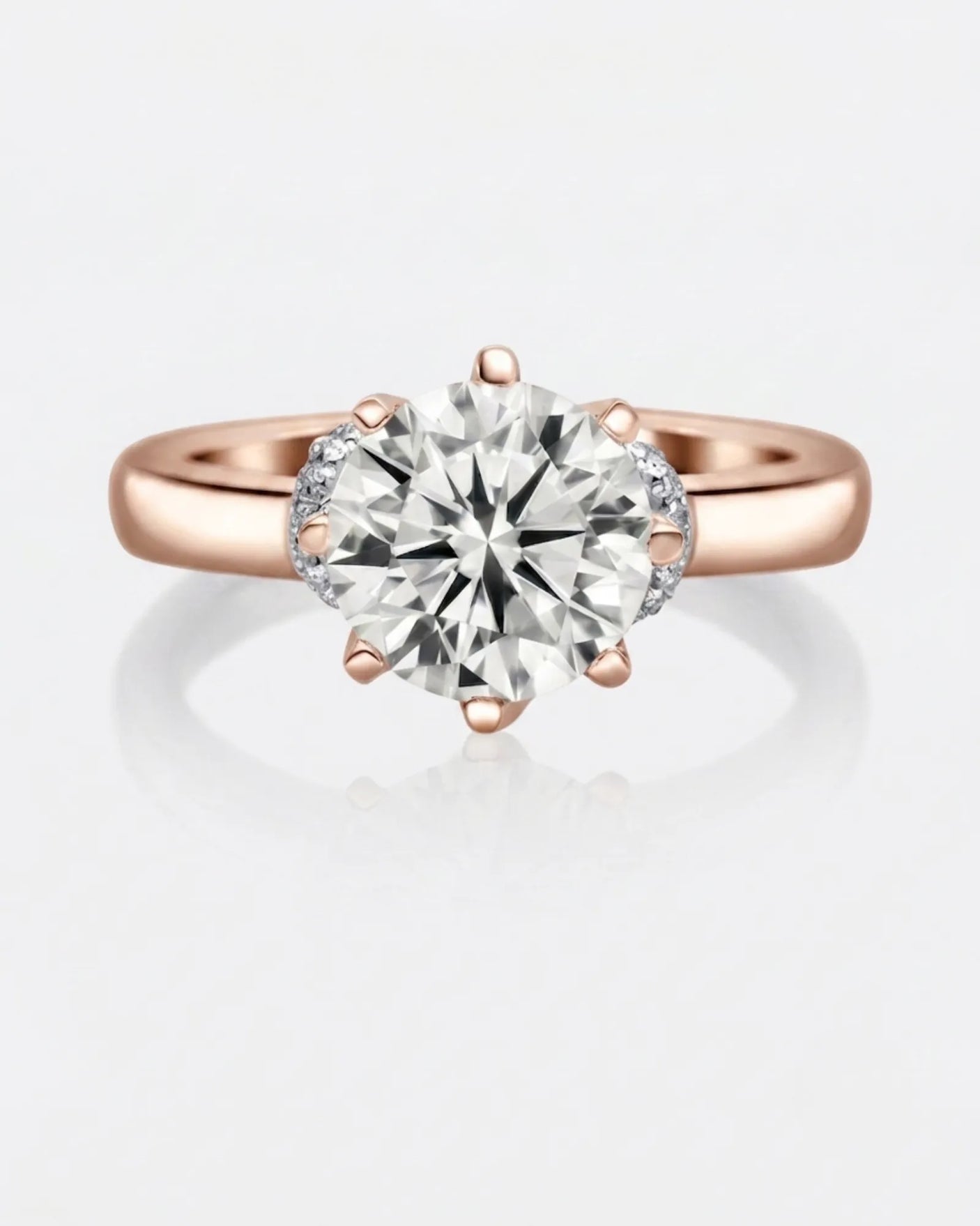 Rose gold moissanite engagement ring for an intimate proposal with hidden halo detail | SARATTI