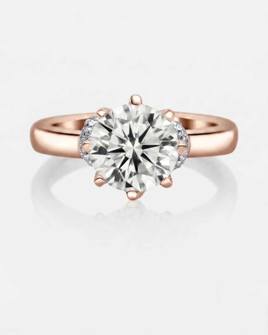 Rose gold moissanite engagement ring for an intimate proposal with hidden halo detail | SARATTI