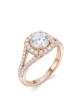 Rose gold moissanite halo bridal set with round center, split shank ring, and curved pavé band | SARATTI
