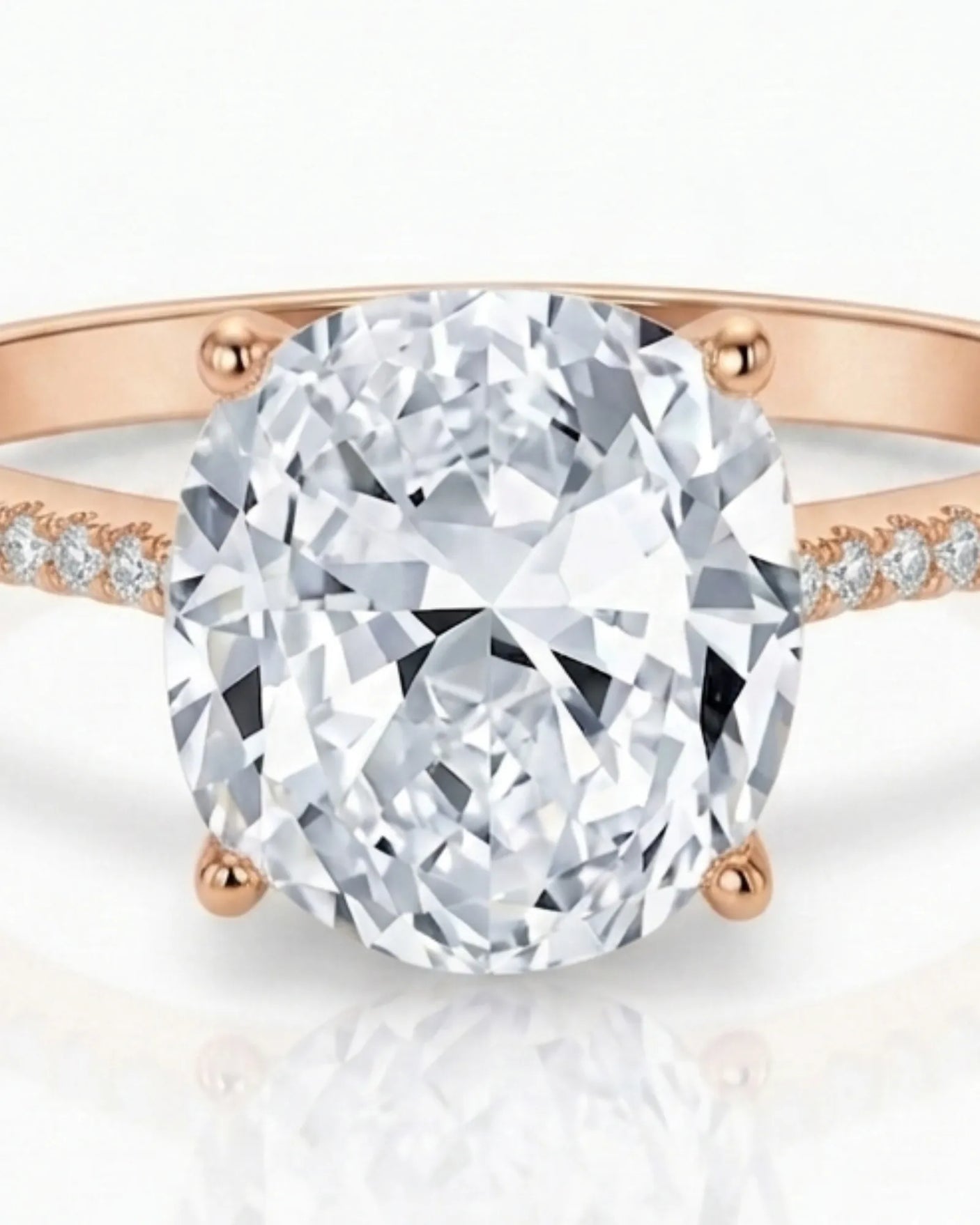 Rose gold moissanite ring with cushion center and refined pavé shoulders | SARATTI