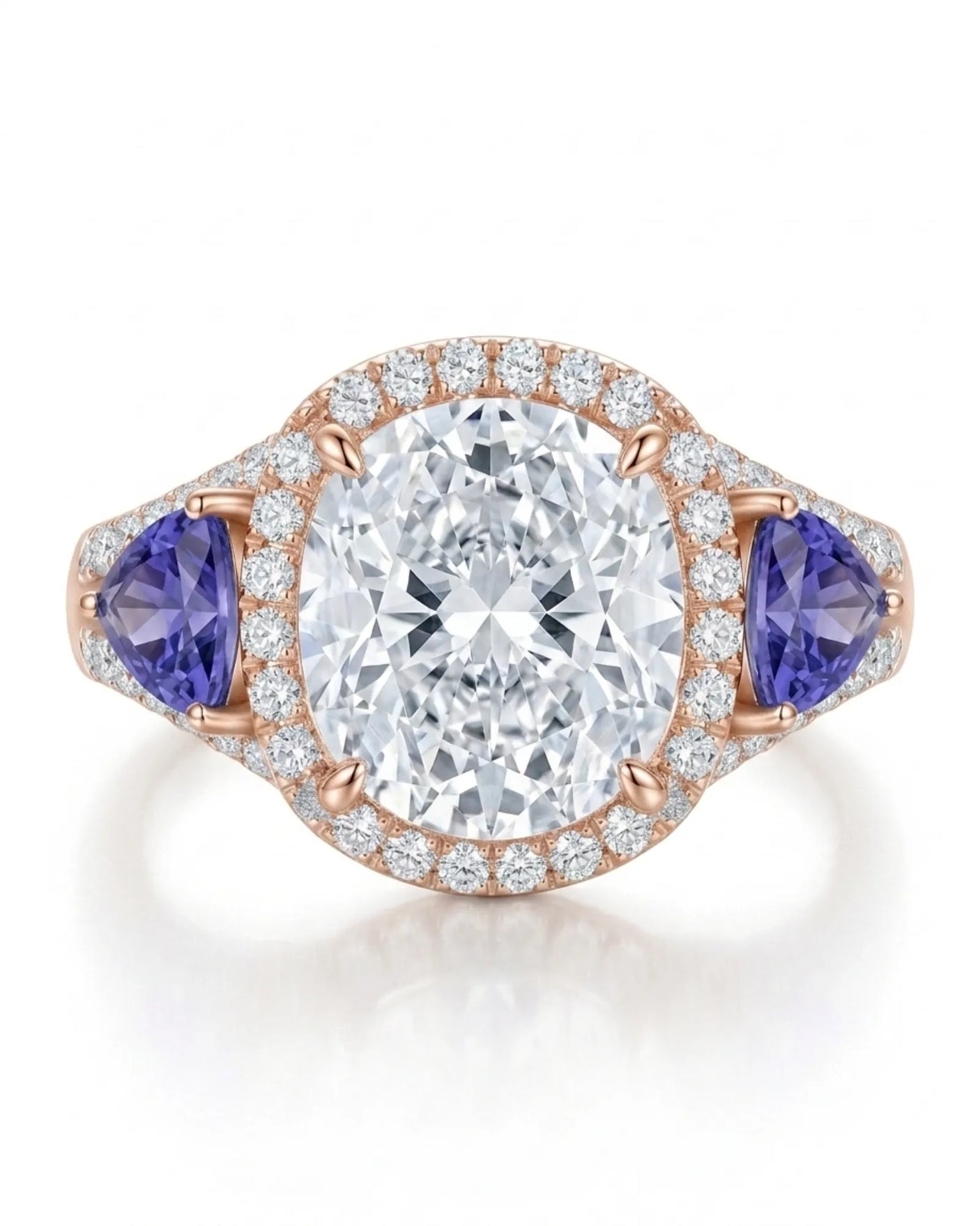 Rose gold moissanite ring with cushion center, halo, and tanzanite accents | SARATTI