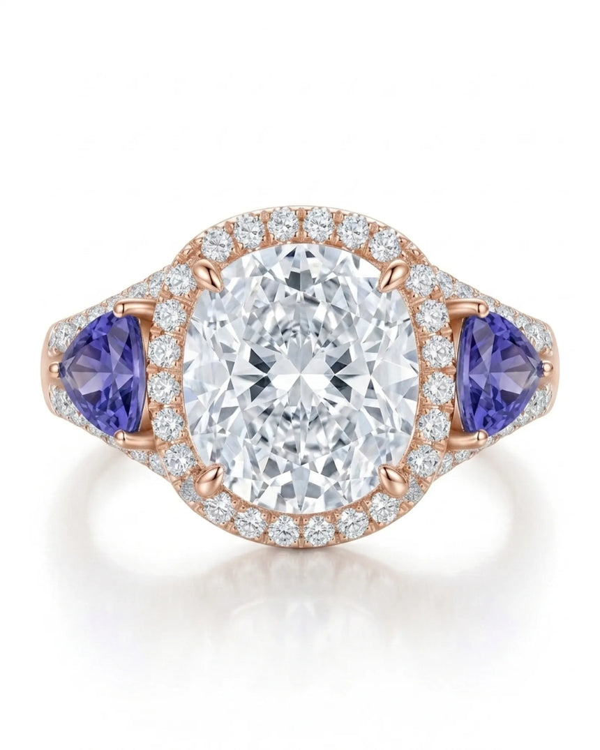 Rose gold moissanite ring with cushion center, halo, and tanzanite accents | SARATTI