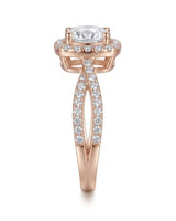 Rose gold moissanite ring with cushion halo design and pavé split shoulders | SARATTI
