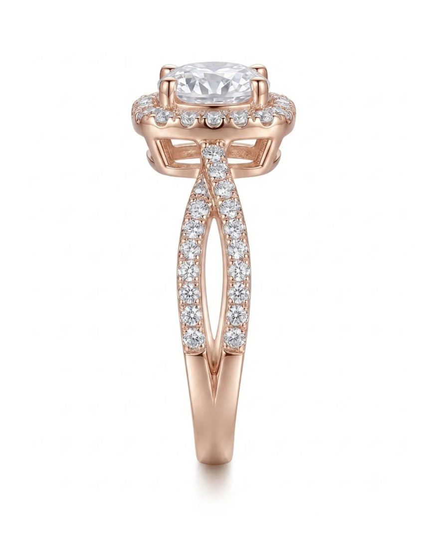 Rose gold moissanite ring with cushion halo design and pavé split shoulders | SARATTI