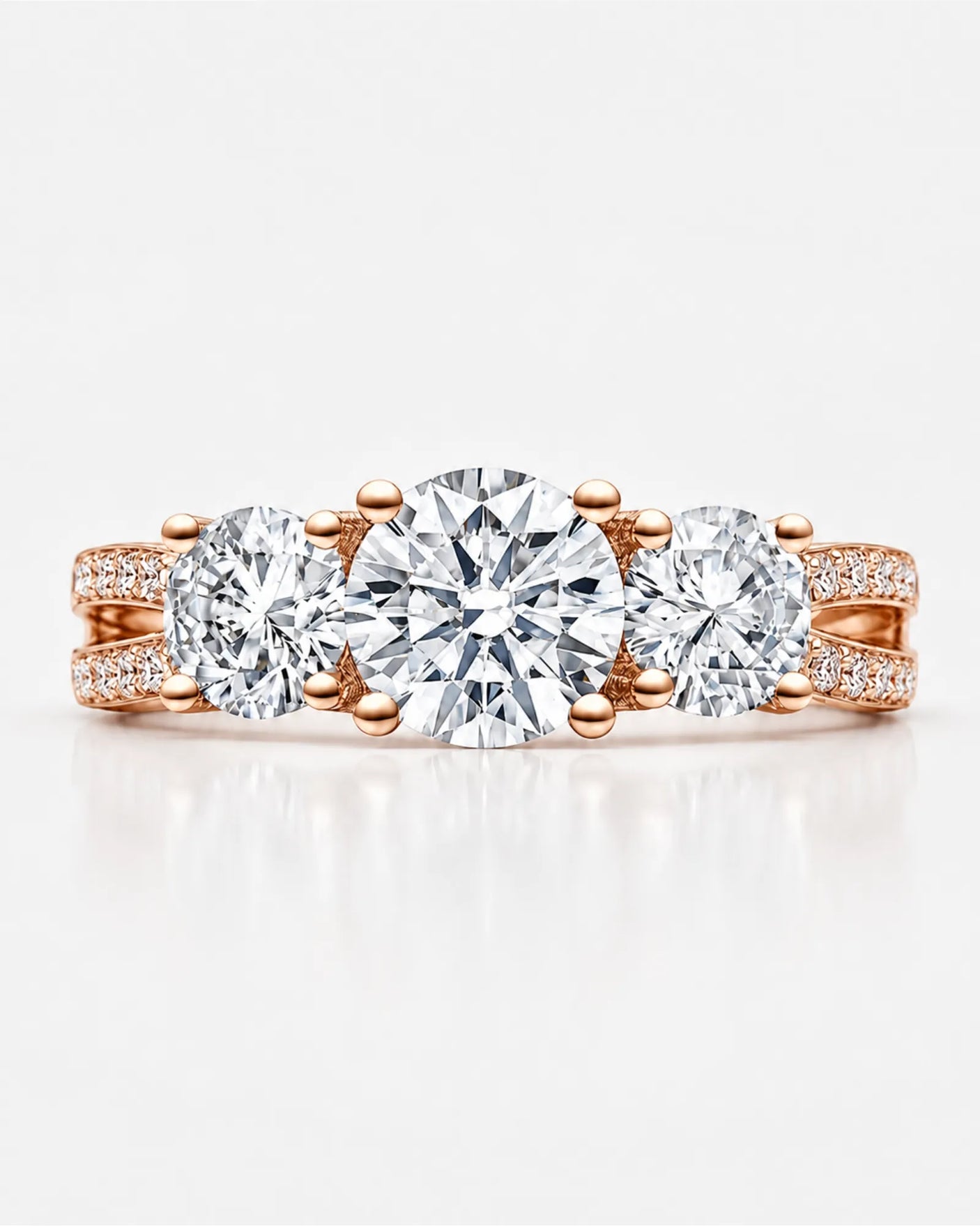 Rose gold moissanite ring with pavé shoulders, open gallery, and hidden round accent | SARATTI