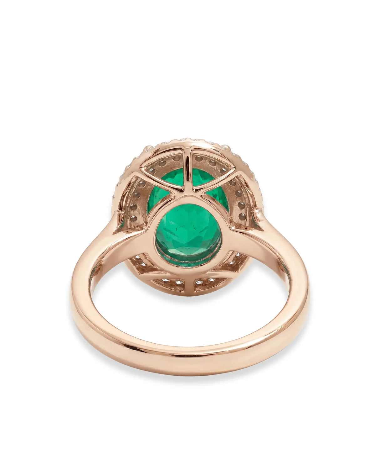 Rose gold natural emerald diamond halo ring with deep green center stone | SARATTI