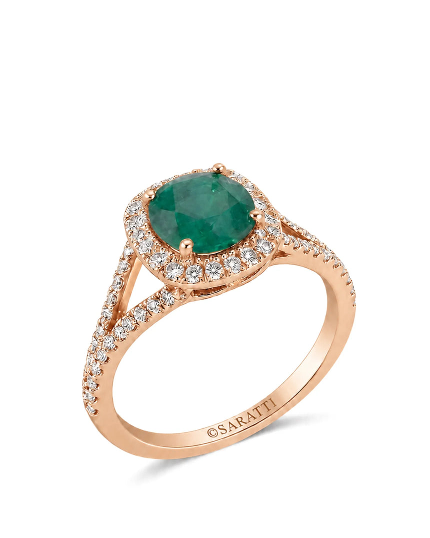 Rose gold natural emerald engagement ring with moissanite halo, split shank, and curved wedding band | SARATTI