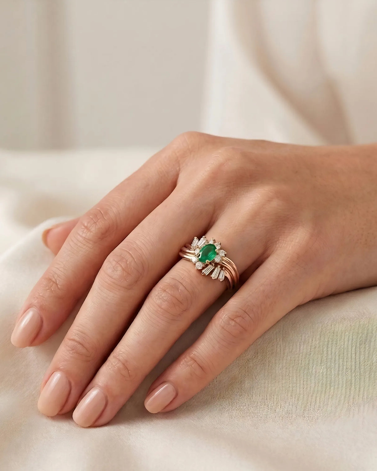 Rose gold natural emerald ring with asymmetrical diamond halo design | SARATTI