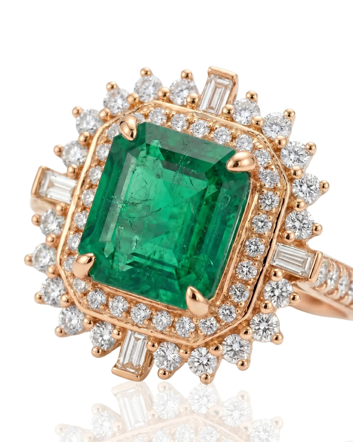 Rose gold natural emerald statement ring with round and baguette diamond accents | SARATTI