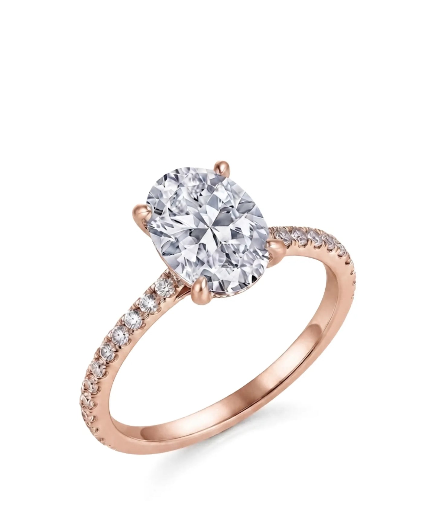 Rose gold oval moissanite engagement ring with hidden halo and pavé shoulders | SARATTI.