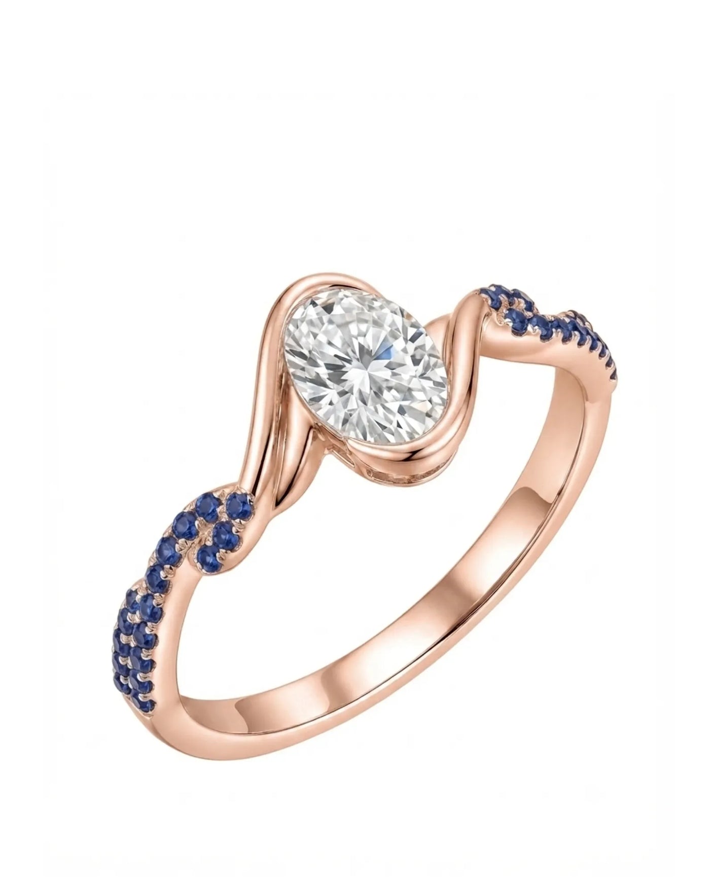 Rose gold oval moissanite engagement ring with natural blue sapphire accents and flowing bezel design | SARATTI