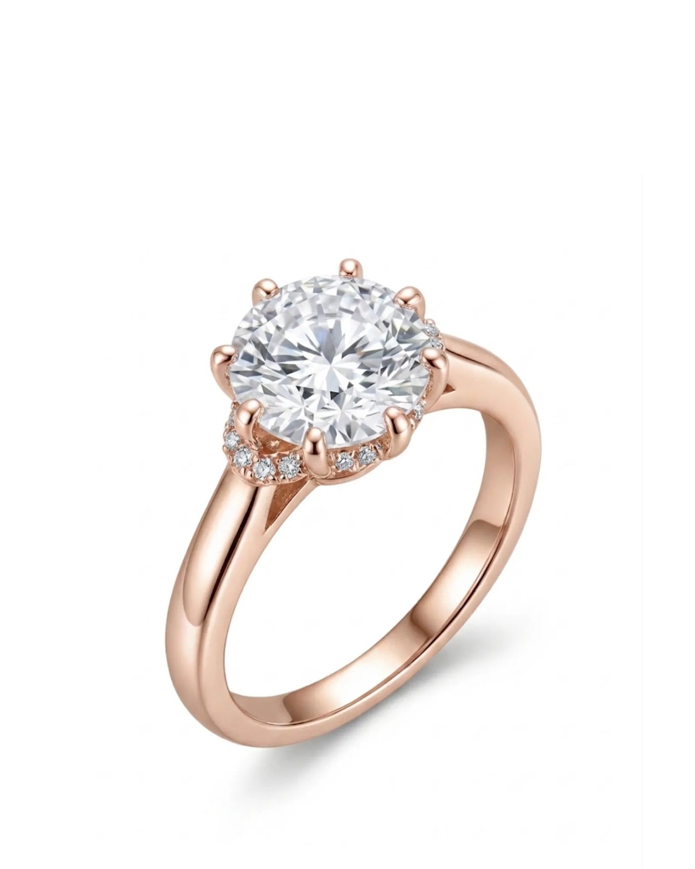 Rose gold round moissanite engagement ring with eight-prong floral basket and hidden halo | SARATTI