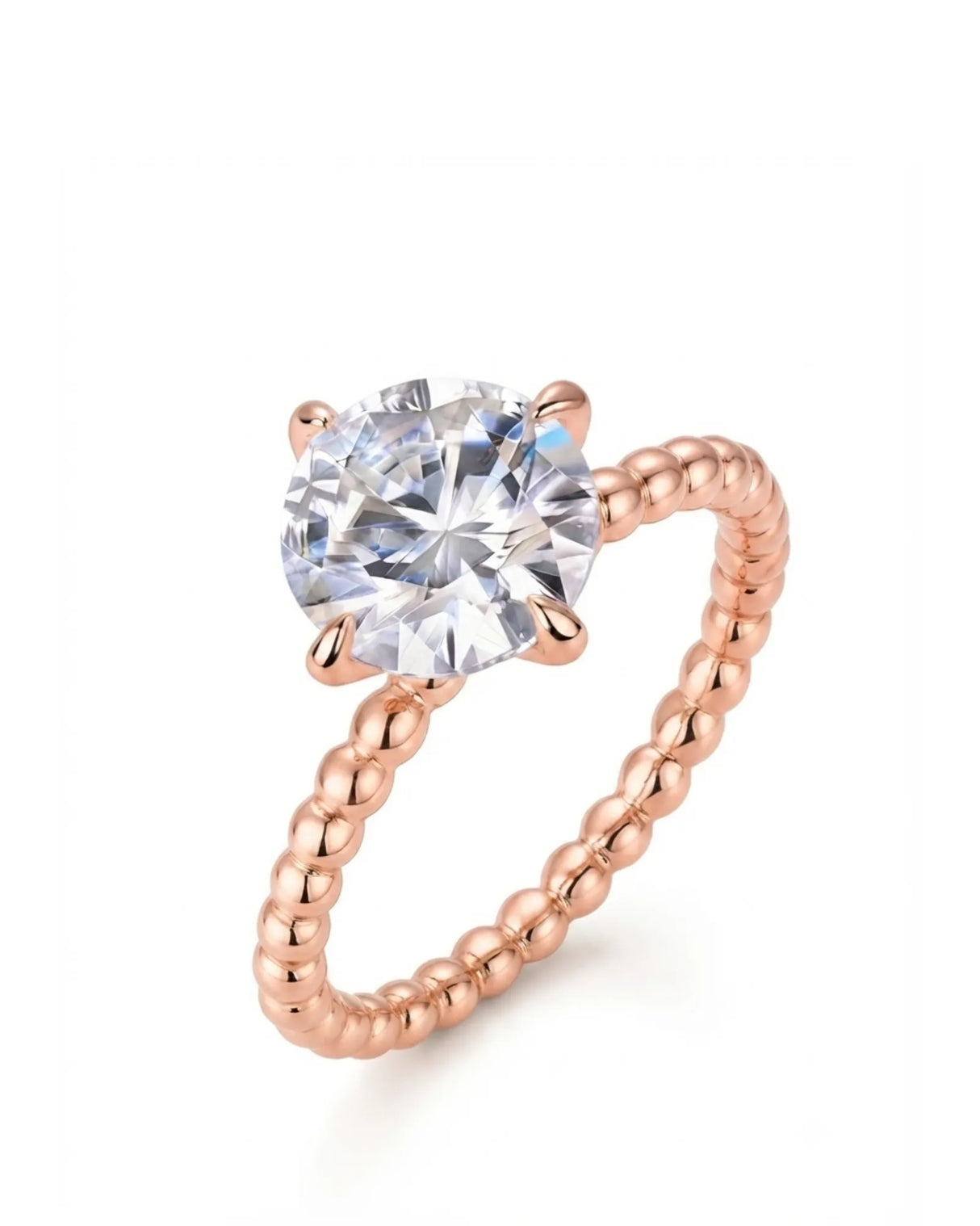 Rose gold round moissanite engagement ring with polished beaded band and four-prong solitaire setting | SARATTI