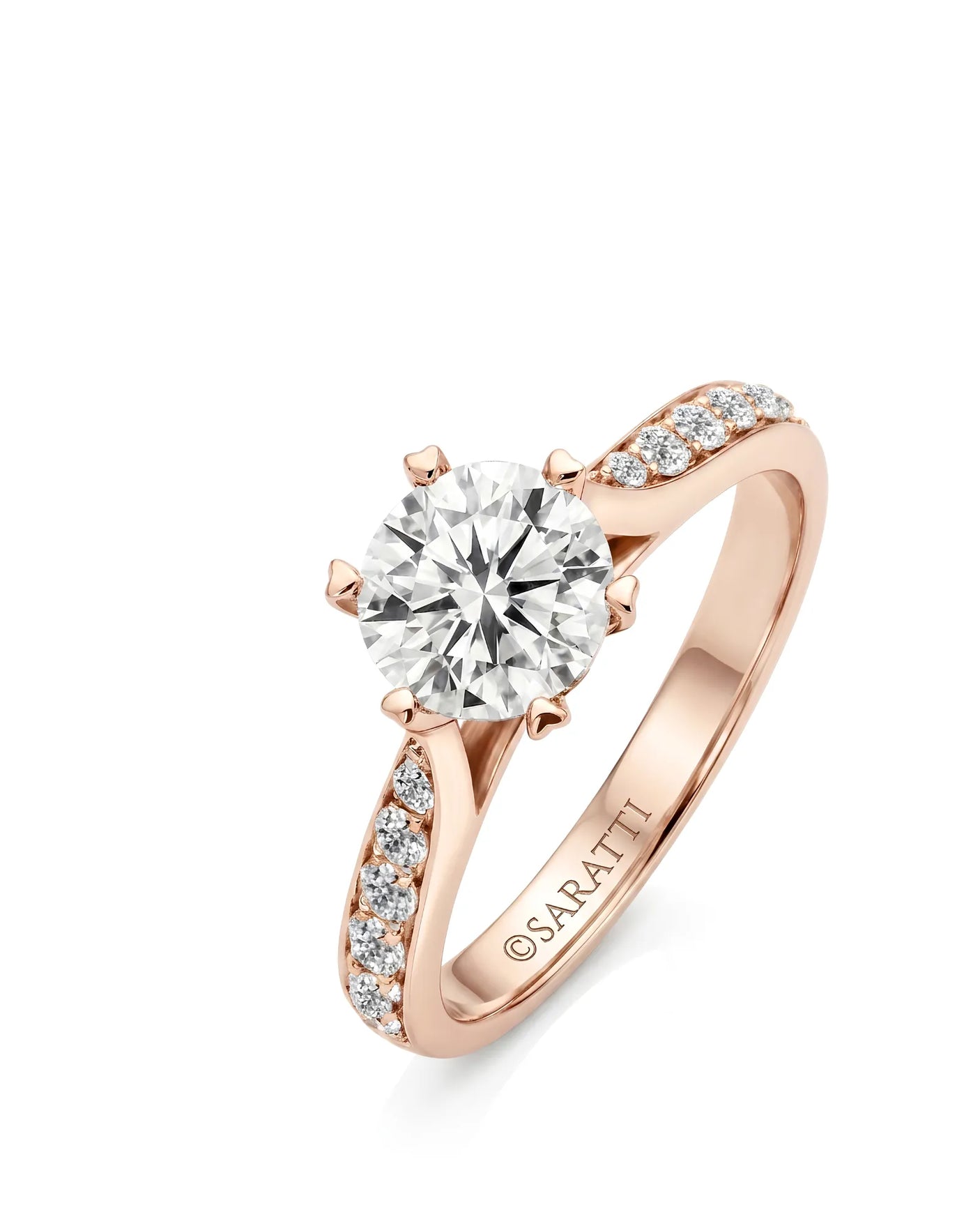 Rose gold round moissanite engagement ring with six-prong crown and pavé shoulders | SARATTI