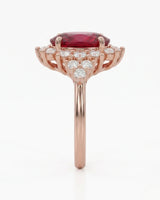 Rose gold rubellite tourmaline engagement ring with diamond halo for a romantic proposal | SARATTI