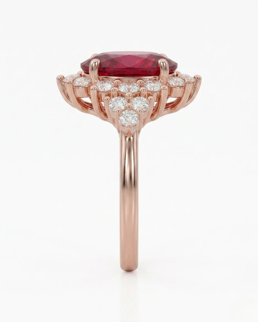 Rose gold rubellite tourmaline engagement ring with diamond halo for a romantic proposal | SARATTI