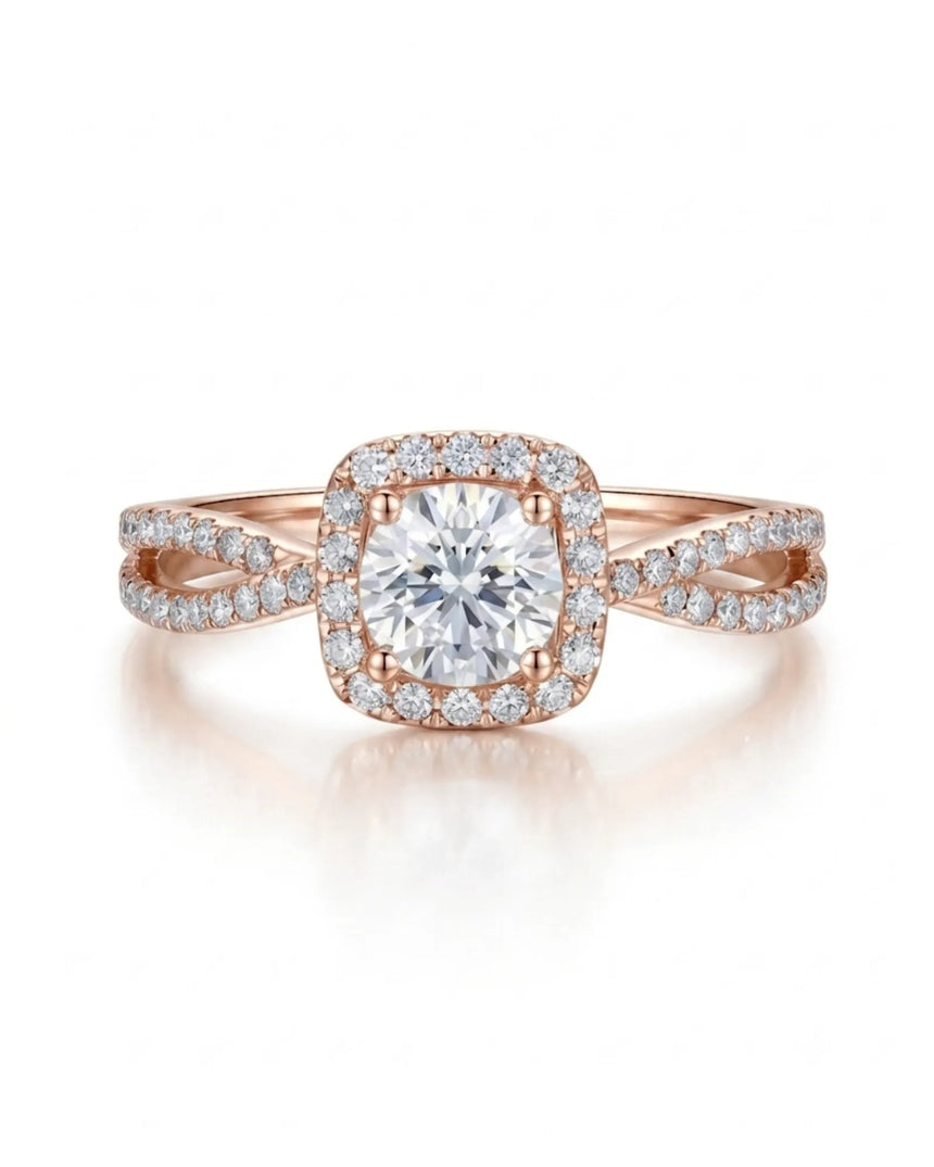 Rose gold split shank moissanite engagement ring for romantic proposal moments | SARATTI