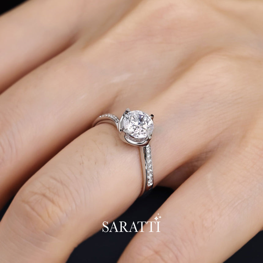 Twisted Shank Natural Diamond Ring with Pave Diamond in 18K White Gold | Saratti