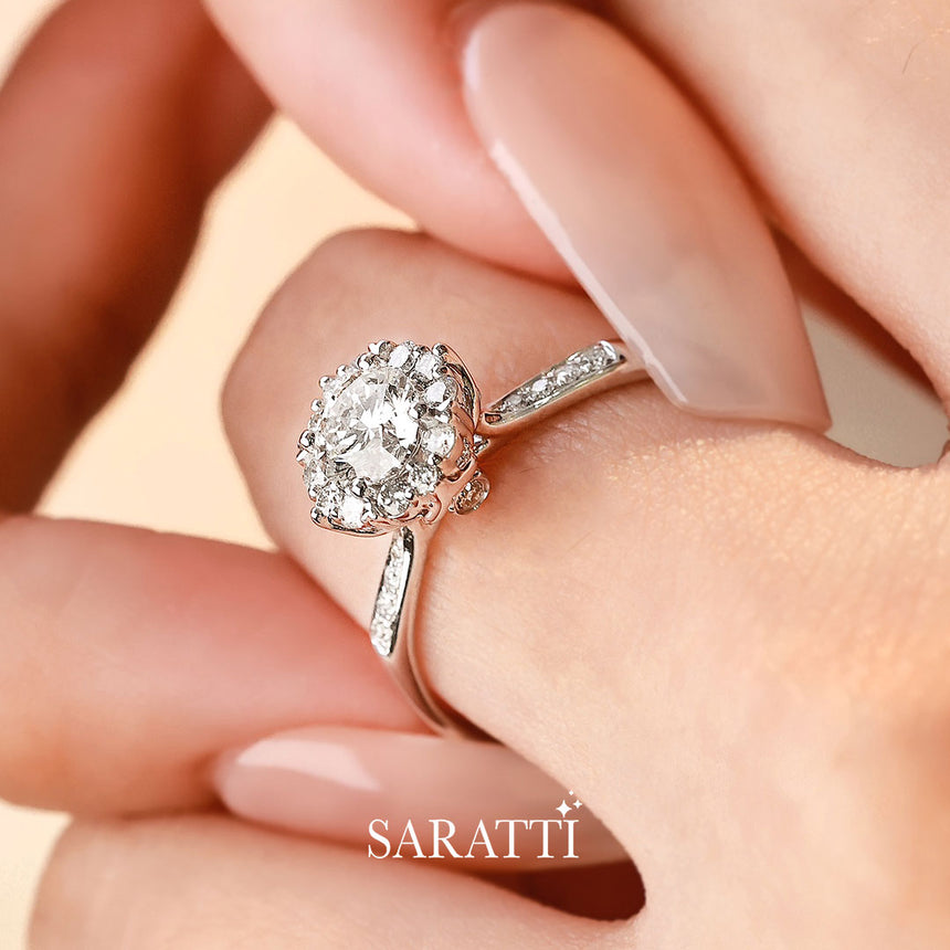 1 ct Round Diamond Halo Ring in White Gold | Saratti