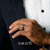 6mm mens wedding band with diamonds worn on hand in 18K white gold | SARATTI