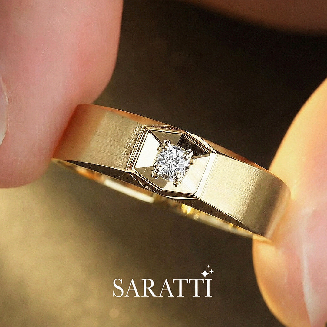 Six Paths Two Tone diamond ring worn on hand holding it in 18K yellow gold | SARATTI