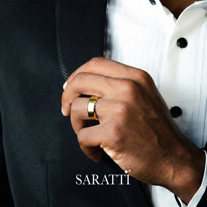 8mm mens wedding band sleek handcrafted ring in 18K yellow gold | SARATTI