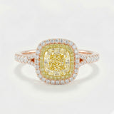 Cushion Fancy Yellow Split Shank diamond ring luxury handcrafted ring on grey background in 18K rose gold | SARATTI